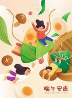 duanwu Festival Poster Design mit süß Kinder fliegend unter klebrig Reis Knödel und Dampfer. Übersetzung, glücklich Drachen Boot Festival vektor