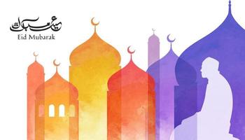 kreativ islamisch Banner Vorlage. Silhouette Design von Muslim Mann beten namaz oder Salah mit Aquarell Moschee Turm Hintergrund. vektor