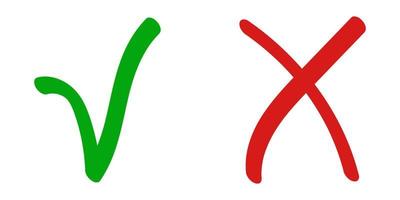 rot Kreuz x falsch Zeichen abgelehnt und Grün prüfen Kennzeichen Tick Symbol die Genehmigung Bestätigung, Hand gezeichnet vektor