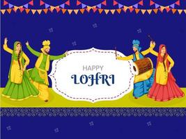 illustration av punjabi par utför bhangra dansa med dhol instrument på blå bakgrund för Lycklig lohri firande. vektor