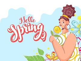 Hallo Frühling Schriftart mit jung Mädchen halten Blume und Blätter auf abstrakt Hintergrund. vektor