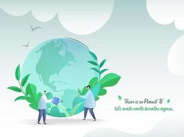 Papier Schnitt Erde Globus mit Grün Blätter und Karikatur Männer Gartenarbeit auf das Gelegenheit von Welt Umgebung Tag Konzept. vektor