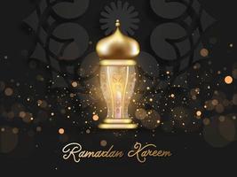 Ramadan kareem Schriftart mit golden beleuchtet Laterne und Bokeh Licht bewirken auf schwarz Hintergrund. vektor