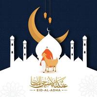 arabicum kalligrafi av eid-al-adha med muslim man innehav en tecknad serie get, halvmåne måne, lyktor och papper skära moské på blå arabicum mönster bakgrund. vektor