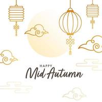 glücklich Mitte Herbst Schriftart mit golden Linie Kunst Chinesisch Laternen und Wolken auf voll Mond Weiß Hintergrund. vektor