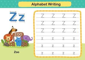 alfabetet bokstaven z-zoo övning med tecknad ordförråd illustration, vektor