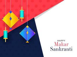 glücklich Makar Sankranti Konzept mit Drachen, Zeichenfolge Spule hängen auf bunt Hintergrund. vektor