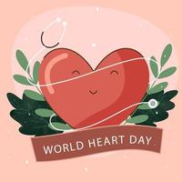 Welt Herz Tag Konzept mit Smiley Herz, Stethoskop und Grün Blätter auf Pastell- Rosa Hintergrund. vektor