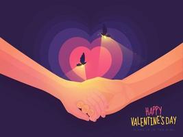 Paar Hände halten zusammen mit Glühwürmchen auf Herz gestalten lila Hintergrund zum glücklich Valentinstag Tag. vektor