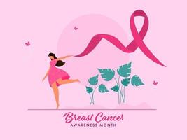 ansiktslös ung flicka innehav band i löpning utgör och grön blad växter på rosa bakgrund för bröst cancer medvetenhet månad. vektor
