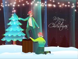 glad jul begrepp med ung Pojkar karaktär, xmas träd och belysning krans på snö skog bakgrund. vektor