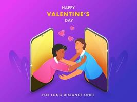 jung Fröhlich Paar umarmen jeder andere durch Video Anruf auf das Gelegenheit von Valentinstag Tag zum vermeiden Coronavirus. vektor