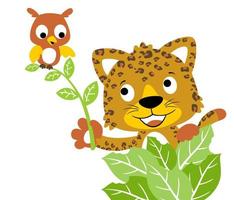 rolig leopard med liten Uggla, vektor tecknad serie illustration