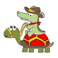 söt krokodil bär cowboy keps rida på jätte sköldpadda, vektor tecknad serie illustration