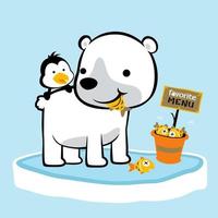 rolig polär Björn med pingvin äter fisk, vektor tecknad serie illustration