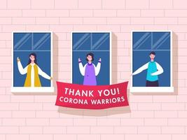 Menschen klatschen zu schätzen und halten danken Sie Corona Krieger Banner von Balkon oder Fenster auf Rosa Backstein Mauer Hintergrund. vektor