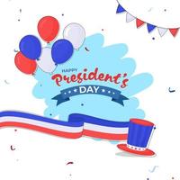 Lycklig presidentens dag affisch design med farbror sam hatt, amerikan tricolor ballonger, vågig band och flaggväv flagga på vit bakgrund. vektor