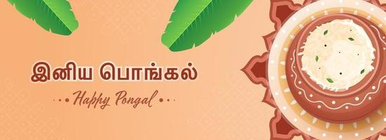 tamil språk av Lycklig pongal text med topp se ris lera pott, banan löv på pastell orange bakgrund. vektor