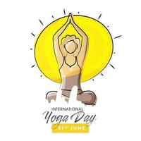 kreativ Karikatur weiblich meditieren im Lotus Pose mit Sonne auf Weiß Hintergrund zum 21 .. Juni, International Yoga Tag. vektor