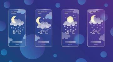 uppsättning av 3d glasmorfism väder prognos app mall gränssnitt design utrustning. natt meteo ikoner på mörk blå lutning bakgrund säsong samlingar smartphone glas morfism skärmar vektor illustrationer