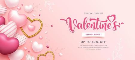 Lycklig hjärtans dag försäljning, rosa och guld hjärta design, baner rosa bakgrund, eps10 vektor illustration.