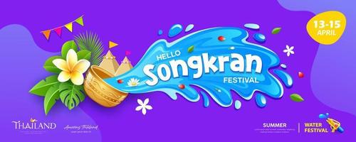 songkran festival thailand, thailand blommor i vatten gyllene skål blå vatten stänk, baner design på lila bakgrund, eps 10 vektor illustration