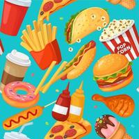 schnell Essen nahtlos Muster. Karikatur Fritten, Krapfen und Kaffee, Hähnchen und Burger, Taco und Ketchup, Eis Sahne und Cola Vektor Verpackung Textur