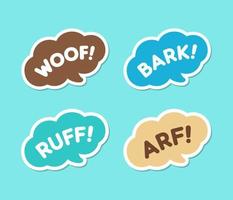 hund bark djur- ljud effekt text i en Tal bubbla ballong ClipArt uppsättning. söt tecknad serie onomatopoeia serier och text. vektor