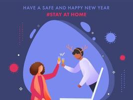 gesichtslos jung Mädchen feiert Neu Jahr durch Video Anruf mit Freund während Coronavirus bleibe beim heim. vektor