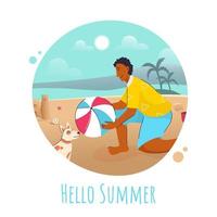 Hallo Sommer- Text mit jung Junge halten ein Ball und Hund Tier auf Morgen Sand Strand Aussicht abstrakt Hintergrund. vektor