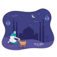 Illustration von Muslim Frau mit Karikatur Ziege, hängend Laternen und Blau Silhouette Moschee auf Nacht Aussicht Hintergrund zum eid-al-adha Mubarak. vektor