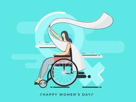 Behinderung Frau Charakter mit fliegend Schal auf Türkis Hintergrund zum glücklich Damen Tag Feier. vektor