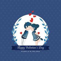 süß Kinder Paar küssen mit Herzen und Blätter Ast auf Weiß Kreis gestalten und Blau Hintergrund zum glücklich Valentinstag Tag Konzept. vektor
