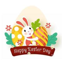 Lycklig påsk dag font med tecknad serie rolig kanin innehav målad ägg, blommor och löv på vit bakgrund. vektor