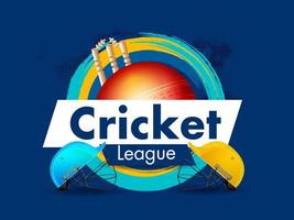 cricket liga affisch design med realistisk hjälmar, röd boll, wickets och borsta stroke effekt på blå bakgrund. vektor