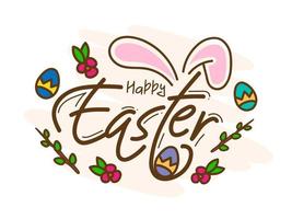 glücklich Ostern Schriftart mit Hase Ohr, gedruckt Eier und Blumen- auf Weiß Hintergrund. vektor