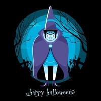 glücklich Halloween Feier Poster Design mit Karikatur Vampir Mann tragen oben Hut und Friedhof auf voll Mond schwarz Hintergrund. vektor