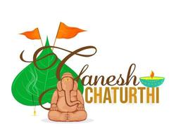 ganesh chaturthi font med kreativ jord idol av herre ganesha, Peepal blad, flaggor och brinnande diya på vit bakgrund. vektor