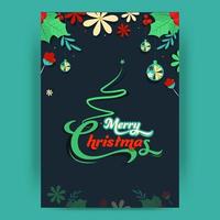 fröhlich Weihnachten Schriftart mit kreativ Weihnachten Baum, Blumen, Blätter und hängend Kugeln dekoriert blaugrün Hintergrund. vektor