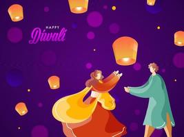 ansiktslös ung indisk par njuter eller fira med himmel lyktor på lila bokeh bakgrund för Lycklig diwali. vektor