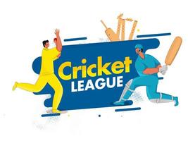 tecknad serie slagman och kastare karaktär i spelar utgör på blå och vit bakgrund för cricket liga. vektor
