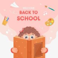 Välkommen tillbaka till skola affisch design med söt flicka läsning en bok och utbildning leveranser element på rosa och vit bakgrund. vektor