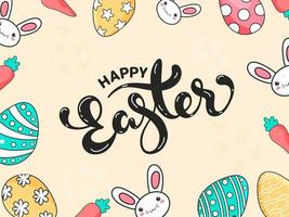 Lycklig påsk kalligrafi på pastell brun bakgrund dekorerad med tecknad serie kanin ansikte, morot och målad ägg. vektor
