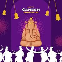 skulptur av ganesha tillverkad förbi jord med hängande klockorna och silhuett människor spelar dhol på lila bakgrund för ganesh chaturthi firande. vektor