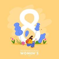 8 Nummer mit jung Mädchen halten Schmetterlinge und Rucksack auf Natur Aussicht Gelb Hintergrund zum International Damen Tag. vektor
