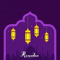 ramadan kareem font med hängande lyktor dekorerad på moské lila islamic mönster bakgrund. vektor