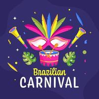 brasiliansk karneval firande begrepp med fest mask, vuvuzela och trumma instrument på blå bakgrund. vektor