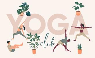 Frauen und Männer tragen Sportbekleidung tun Yoga. jung schlank Mädchen und Jungs tun Yoga. Hand gezeichnet farbig Vektor Illustration. Gesundheit Pflege und Lebensstil Konzept. weiblich und männlich Yoga. Netz Banner