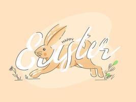 glücklich Ostern Schriftart mit Karikatur Hase Laufen auf Licht Pfirsich Hintergrund. vektor