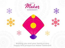 glücklich Makar Sankranti Gruß Karte mit ein Drachen auf Weiß Mandala Muster Hintergrund. vektor